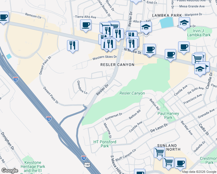 map of restaurants, bars, coffee shops, grocery stores, and more near 362 Resler Ridge Drive in El Paso
