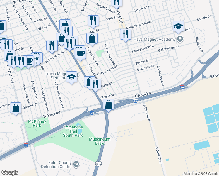 map of restaurants, bars, coffee shops, grocery stores, and more near 1514 South Jackson Avenue in Odessa