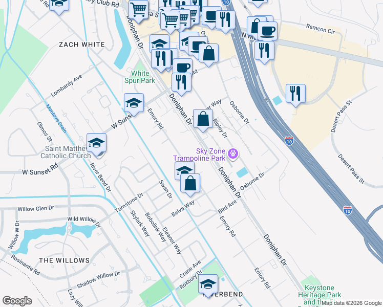 map of restaurants, bars, coffee shops, grocery stores, and more near 4620 Emory Road in El Paso