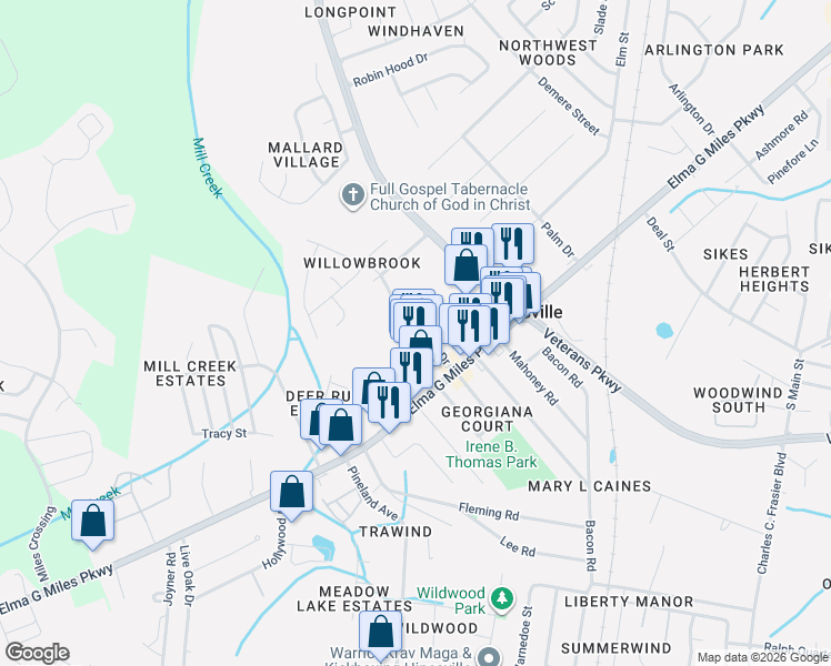 map of restaurants, bars, coffee shops, grocery stores, and more near Weeping Willow Drive in Hinesville
