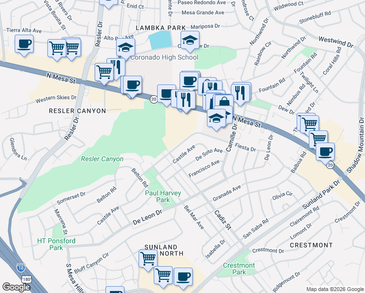 map of restaurants, bars, coffee shops, grocery stores, and more near 6620 Fiesta Drive in El Paso