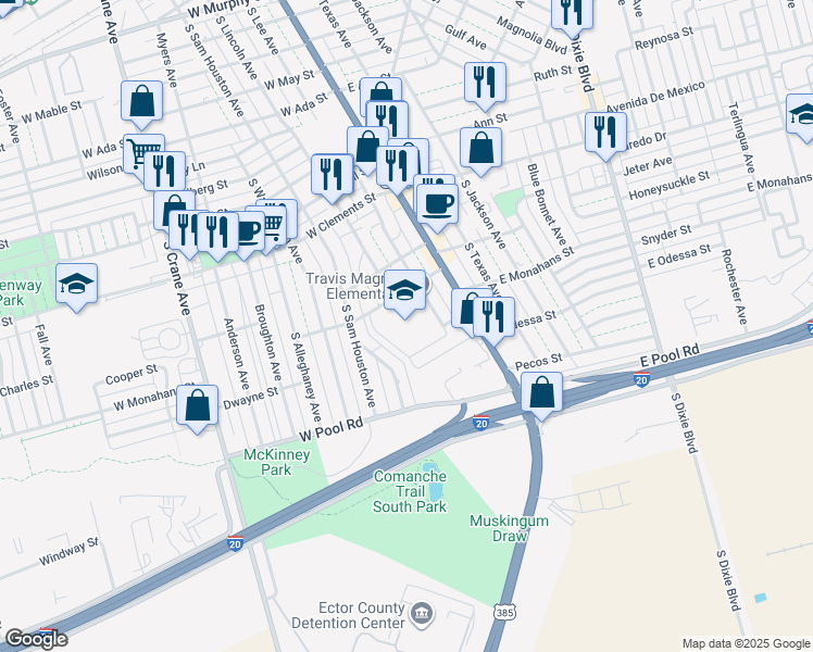 map of restaurants, bars, coffee shops, grocery stores, and more near 1400 South Lee Avenue in Odessa
