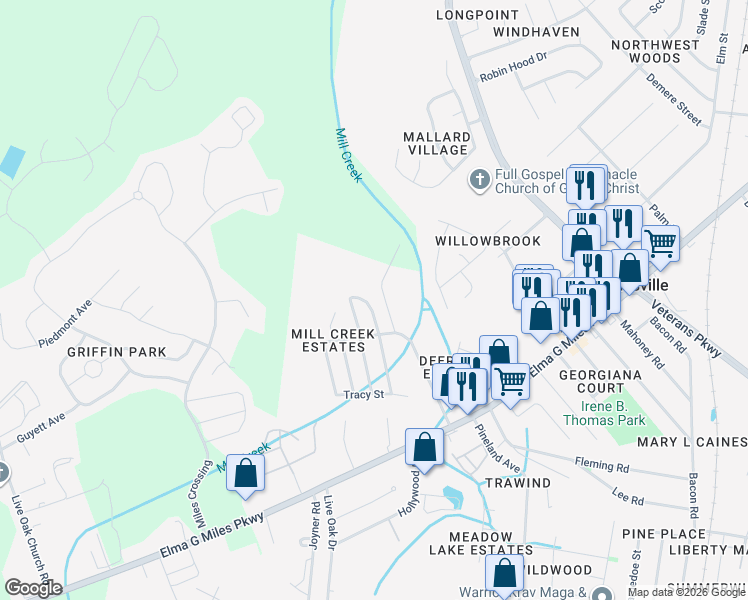 map of restaurants, bars, coffee shops, grocery stores, and more near 700-742 Mill Creek Circle in Hinesville