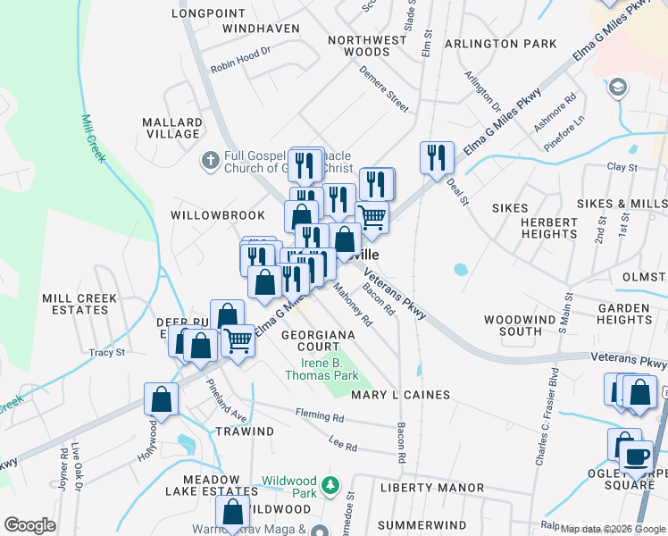 map of restaurants, bars, coffee shops, grocery stores, and more near Georgia 196 in Hinesville