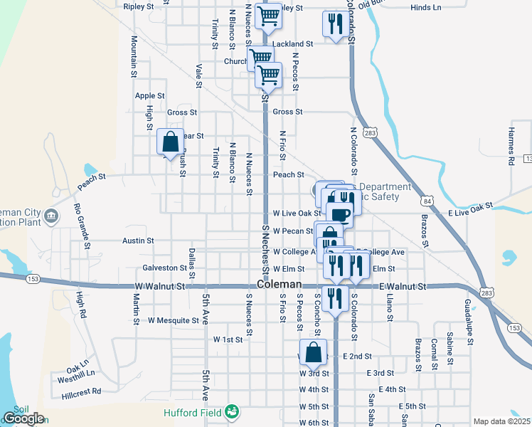 map of restaurants, bars, coffee shops, grocery stores, and more near 500 West Live Oak Street in Coleman