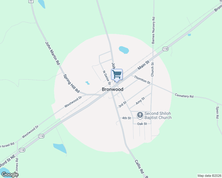 map of restaurants, bars, coffee shops, grocery stores, and more near Georgia 118 in Bronwood