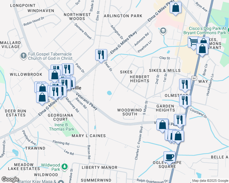 map of restaurants, bars, coffee shops, grocery stores, and more near Pixie Ln in Hinesville