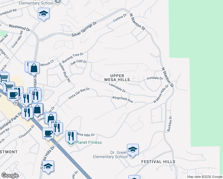 map of restaurants, bars, coffee shops, grocery stores, and more near 320 Barbaree Drive in El Paso