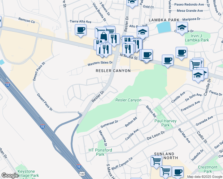 map of restaurants, bars, coffee shops, grocery stores, and more near 325 Resler Ridge Drive in El Paso