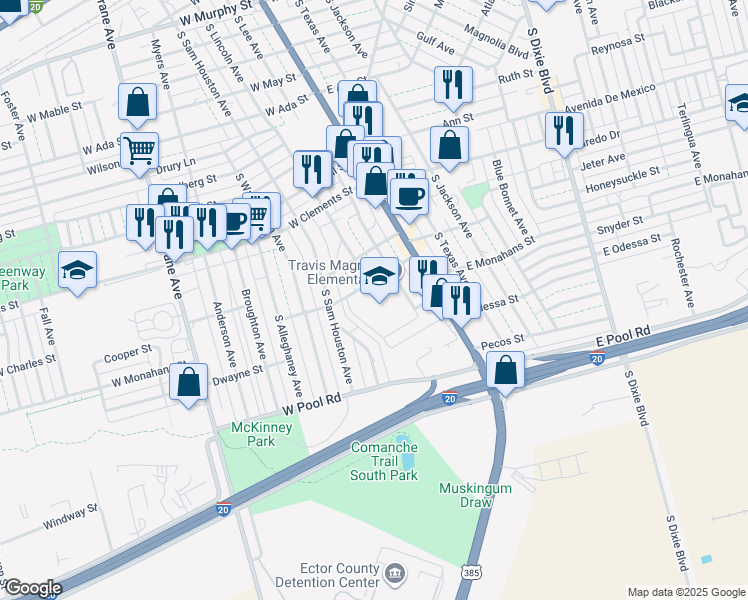 map of restaurants, bars, coffee shops, grocery stores, and more near 1400 South Lee Avenue in Odessa