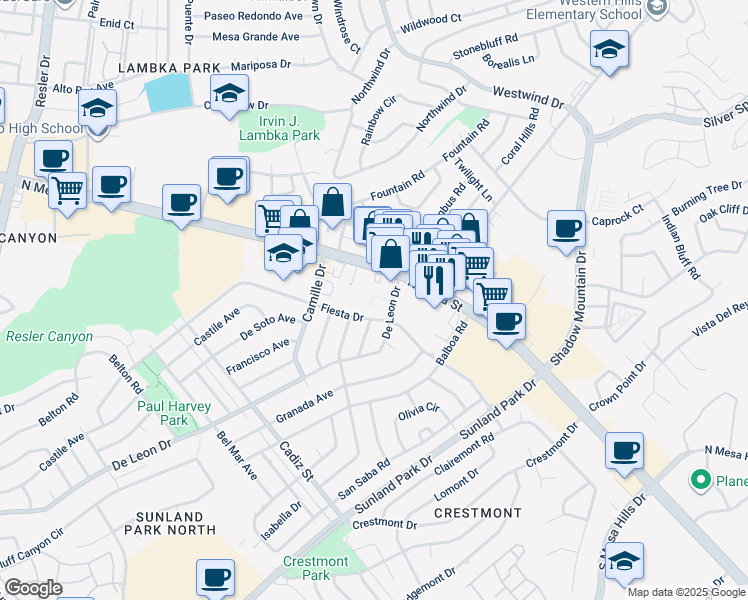 map of restaurants, bars, coffee shops, grocery stores, and more near 10 De Leon Drive in El Paso