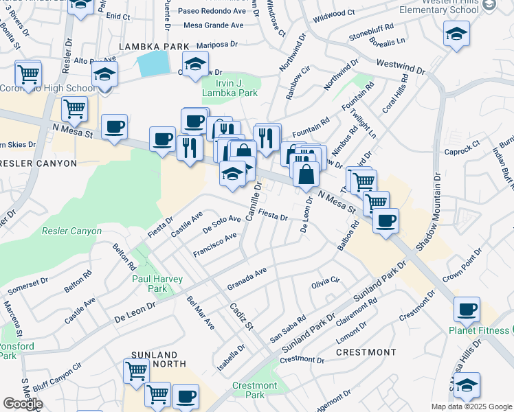 map of restaurants, bars, coffee shops, grocery stores, and more near 6420 Fiesta Drive in El Paso