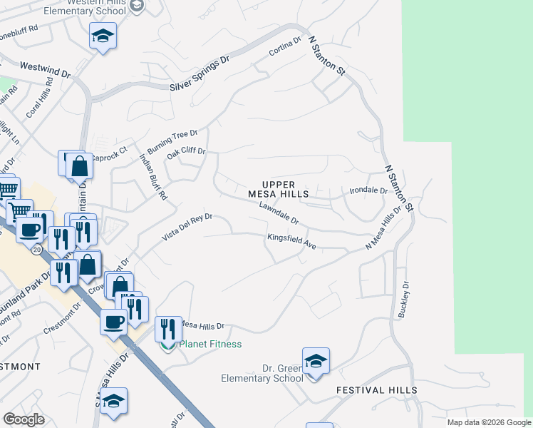 map of restaurants, bars, coffee shops, grocery stores, and more near 320 Barbaree Drive in El Paso