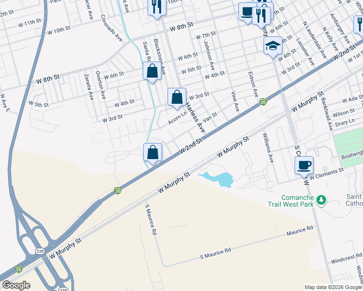 map of restaurants, bars, coffee shops, grocery stores, and more near 2620 West 2nd Street in Odessa