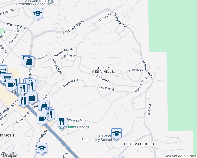 map of restaurants, bars, coffee shops, grocery stores, and more near 320 Barbaree Drive in El Paso