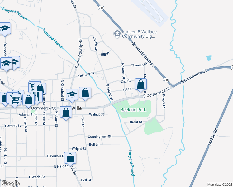 map of restaurants, bars, coffee shops, grocery stores, and more near 106 1st Street in Greenville