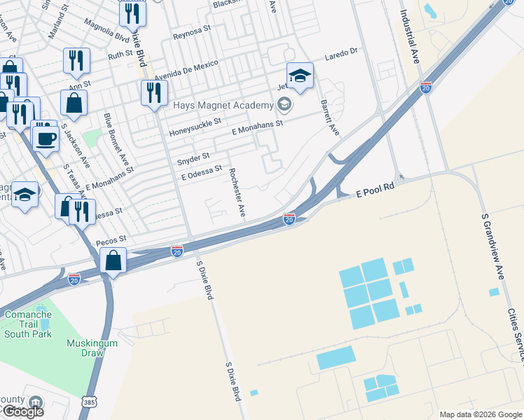 map of restaurants, bars, coffee shops, grocery stores, and more near 1101 East Pool Road in Odessa