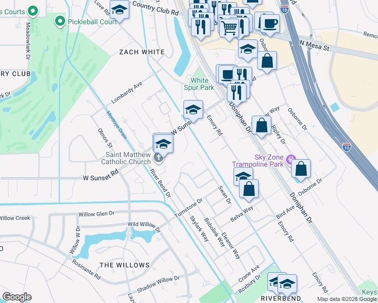 map of restaurants, bars, coffee shops, grocery stores, and more near 4786 Sol De Alma Way in El Paso