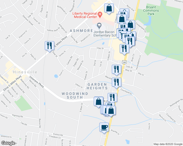 map of restaurants, bars, coffee shops, grocery stores, and more near 631 2nd Street in Hinesville