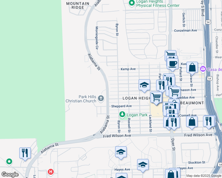map of restaurants, bars, coffee shops, grocery stores, and more near 3417 Thomason Avenue in El Paso