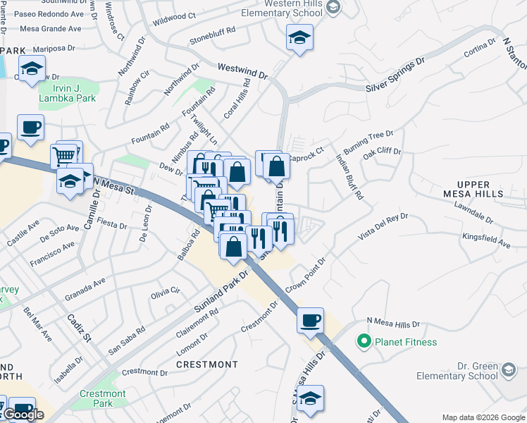 map of restaurants, bars, coffee shops, grocery stores, and more near 251 Shadow Mountain Drive in El Paso