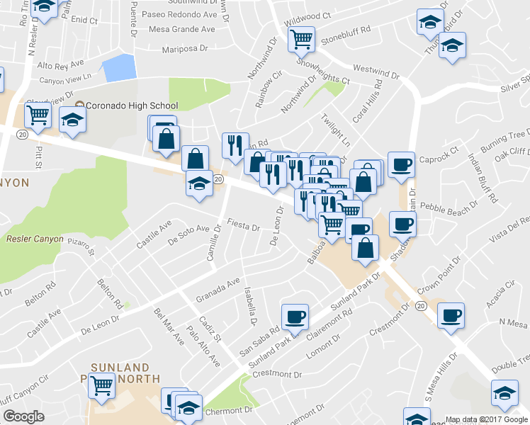 map of restaurants, bars, coffee shops, grocery stores, and more near 10 De Leon Drive in El Paso
