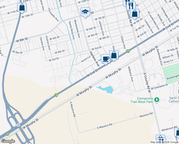 map of restaurants, bars, coffee shops, grocery stores, and more near 2620 W 2nd St in Odessa