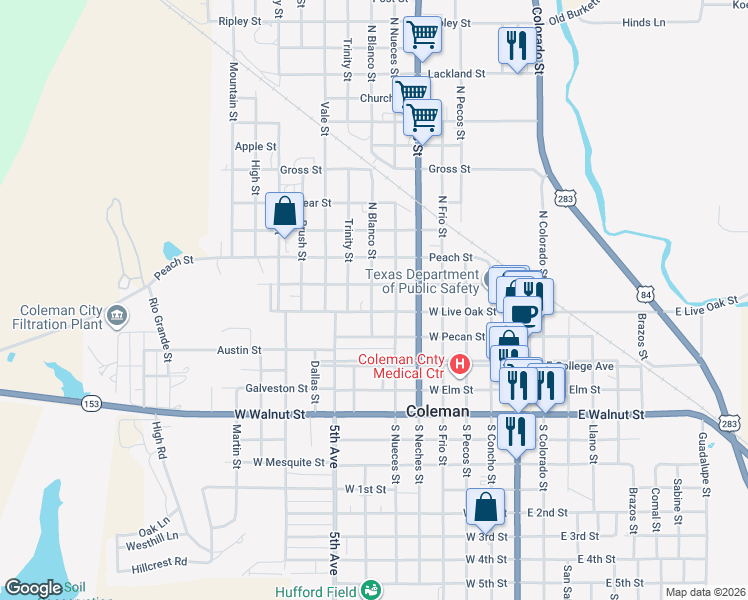 map of restaurants, bars, coffee shops, grocery stores, and more near 116 North Blanco Street in Coleman