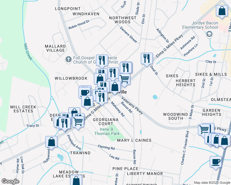 map of restaurants, bars, coffee shops, grocery stores, and more near Georgia 196 in Hinesville