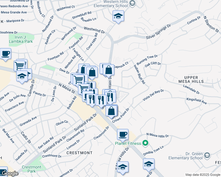 map of restaurants, bars, coffee shops, grocery stores, and more near 2 Shadow Mountain Drive in El Paso