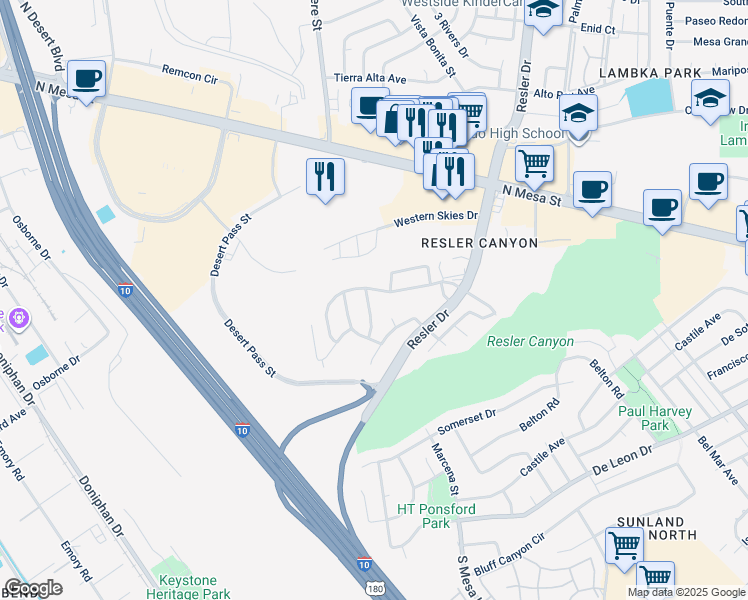 map of restaurants, bars, coffee shops, grocery stores, and more near 304 Garden Grove Lane in El Paso