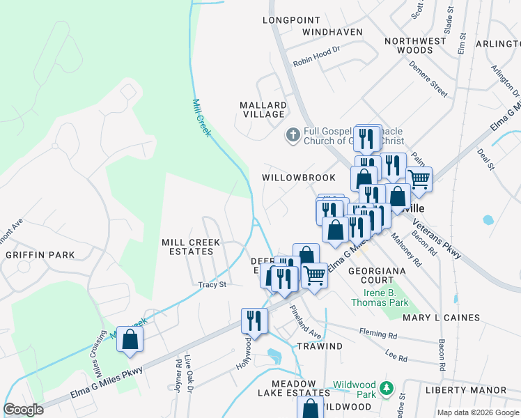 map of restaurants, bars, coffee shops, grocery stores, and more near 942 Gulfstream Road in Hinesville