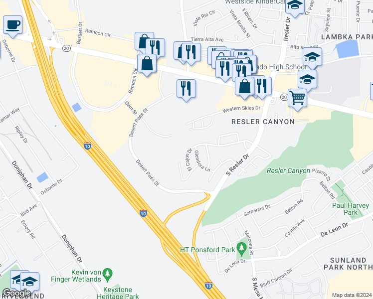 map of restaurants, bars, coffee shops, grocery stores, and more near 7129 El Cajon Drive in El Paso