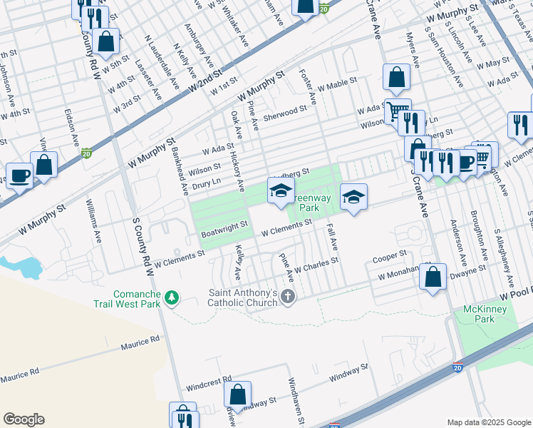 map of restaurants, bars, coffee shops, grocery stores, and more near 1201 Clifford Street in Odessa