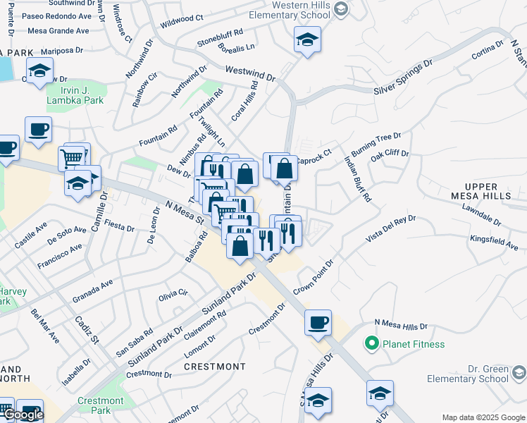 map of restaurants, bars, coffee shops, grocery stores, and more near 251 Shadow Mountain Drive in El Paso