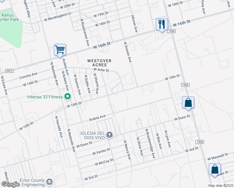 map of restaurants, bars, coffee shops, grocery stores, and more near 6709-6729 West 10th Street in Odessa