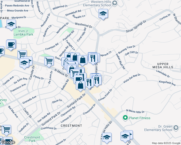map of restaurants, bars, coffee shops, grocery stores, and more near 251 Shadow Mountain Drive in El Paso