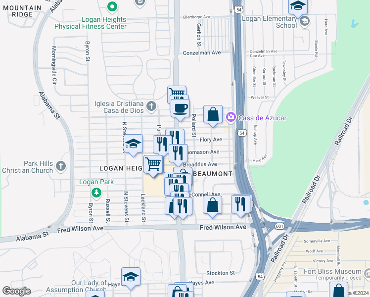 map of restaurants, bars, coffee shops, grocery stores, and more near 4011 Thomason Avenue in El Paso
