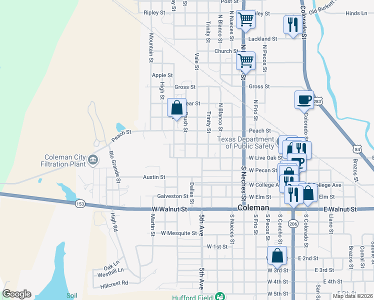 map of restaurants, bars, coffee shops, grocery stores, and more near 110 Brush Street in Coleman