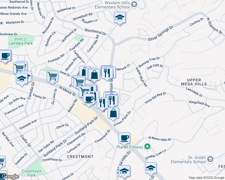 map of restaurants, bars, coffee shops, grocery stores, and more near 2 Shadow Mountain Drive in El Paso