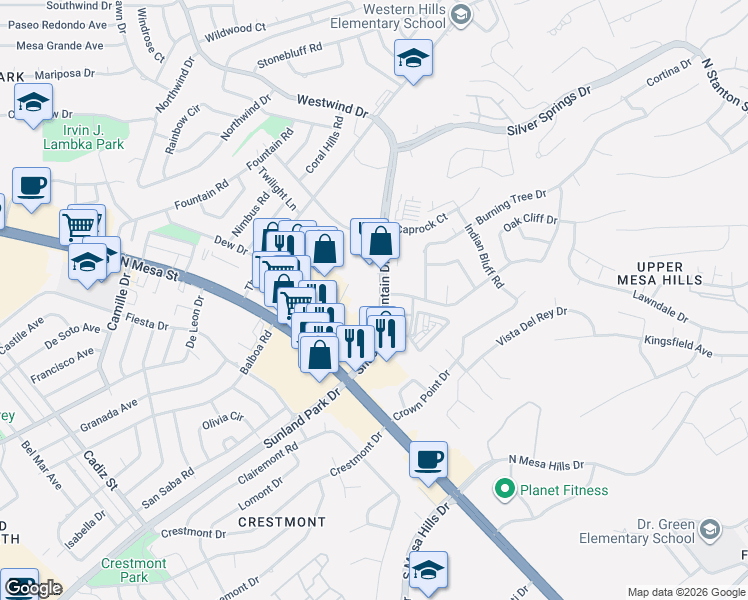 map of restaurants, bars, coffee shops, grocery stores, and more near 251 Shadow Mountain Drive in El Paso