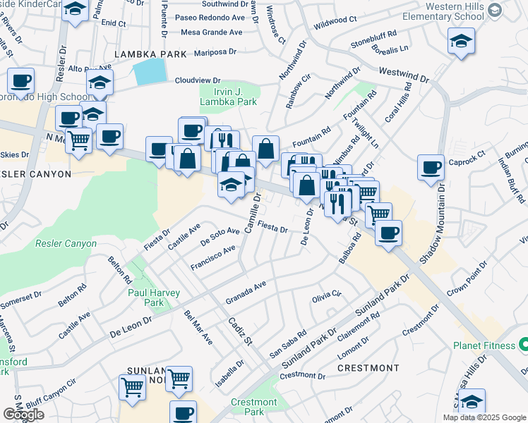 map of restaurants, bars, coffee shops, grocery stores, and more near 6420 Fiesta Drive in El Paso