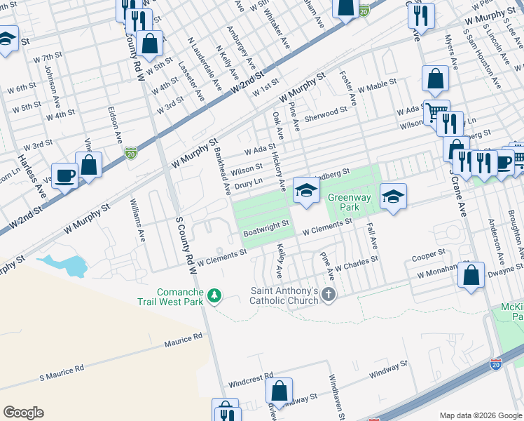 map of restaurants, bars, coffee shops, grocery stores, and more near 1318 Clifford Street in Odessa