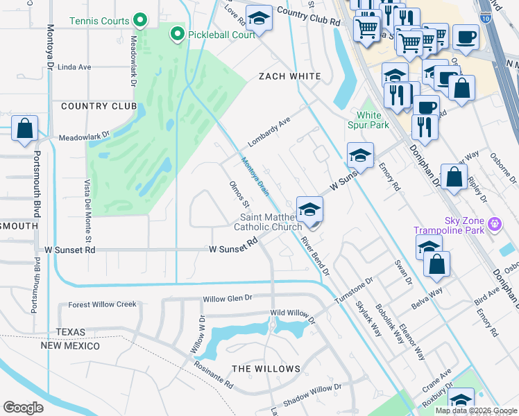 map of restaurants, bars, coffee shops, grocery stores, and more near 4816 Olmos Street in El Paso