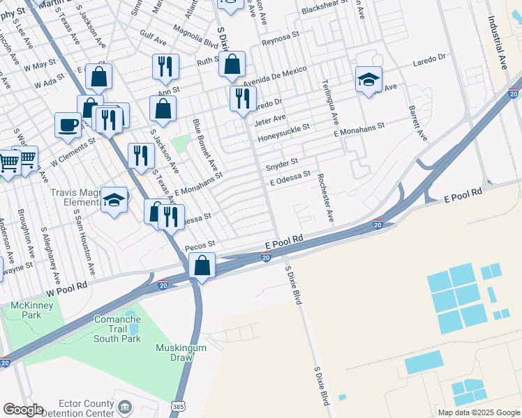 map of restaurants, bars, coffee shops, grocery stores, and more near 423 Seminole Street in Odessa
