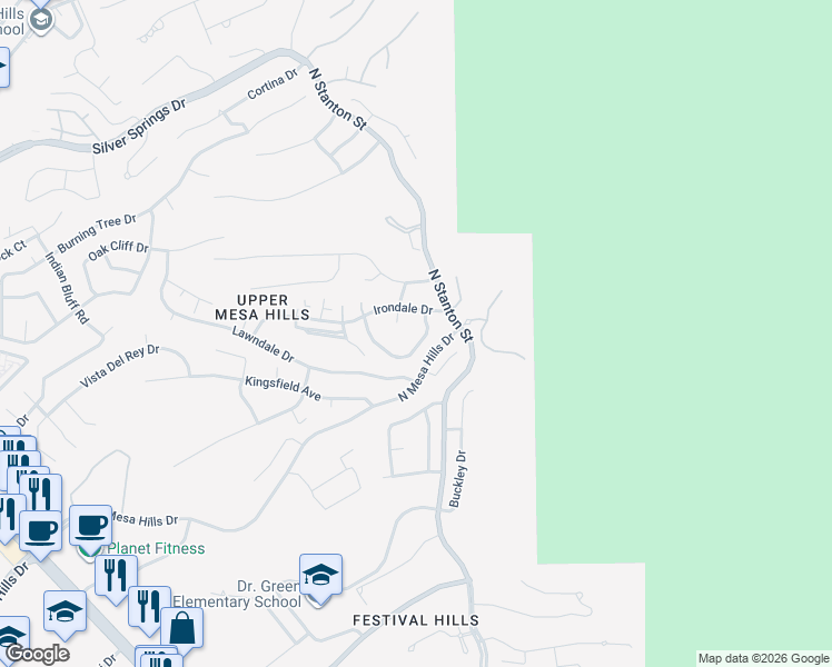 map of restaurants, bars, coffee shops, grocery stores, and more near 500 Greenhill Lane in El Paso