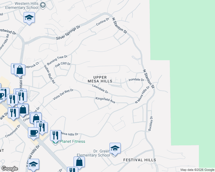 map of restaurants, bars, coffee shops, grocery stores, and more near 5769 Lawndale Drive in El Paso
