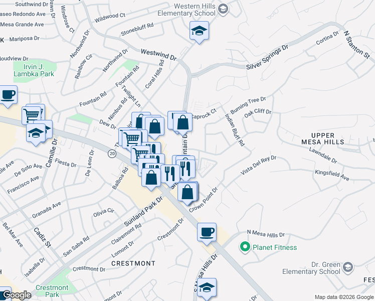 map of restaurants, bars, coffee shops, grocery stores, and more near 2 Shadow Mountain Drive in El Paso
