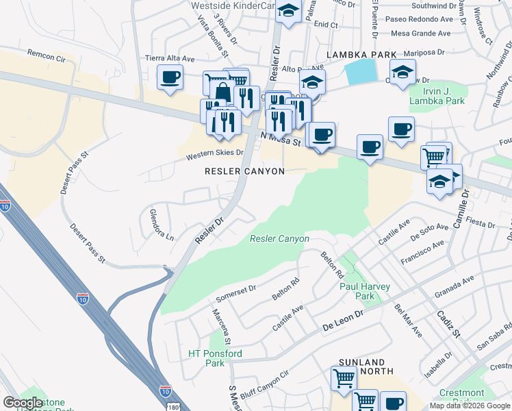map of restaurants, bars, coffee shops, grocery stores, and more near 325 Resler Ridge Drive in El Paso