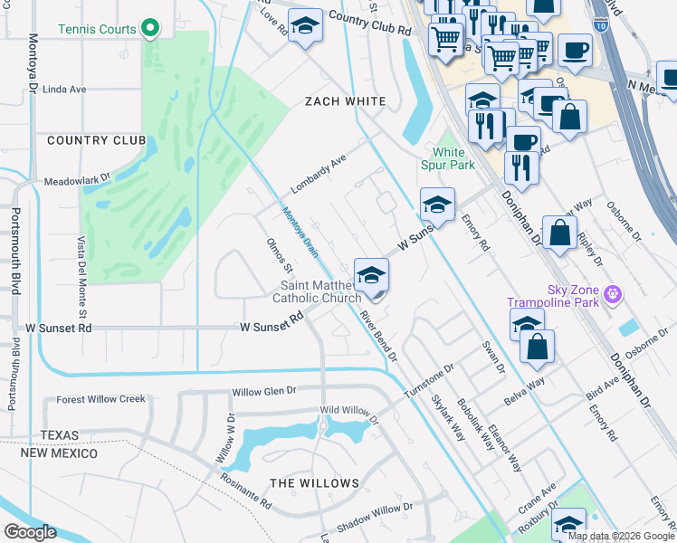 map of restaurants, bars, coffee shops, grocery stores, and more near 4805 Costa De Oro Road in El Paso